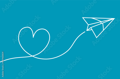 Flying abstract paper plane and heart shape on blue background