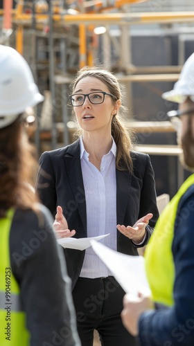 capture a female architect in business attire discussing a project with colleagues at a construction site. 