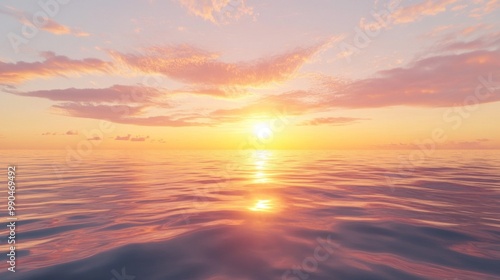 A peaceful sunset over a calm ocean, with soft, golden light reflecting on the water, offering a tranquil and beautiful background scene.