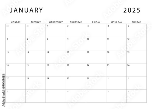 January 2025 calendar. Monthly planner template. Monday start. Vector design