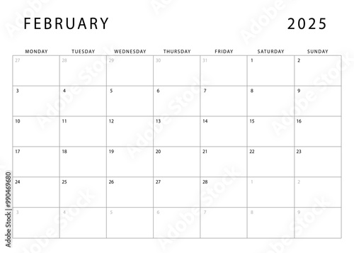February 2025 calendar. Monthly planner template. Monday start. Vector design