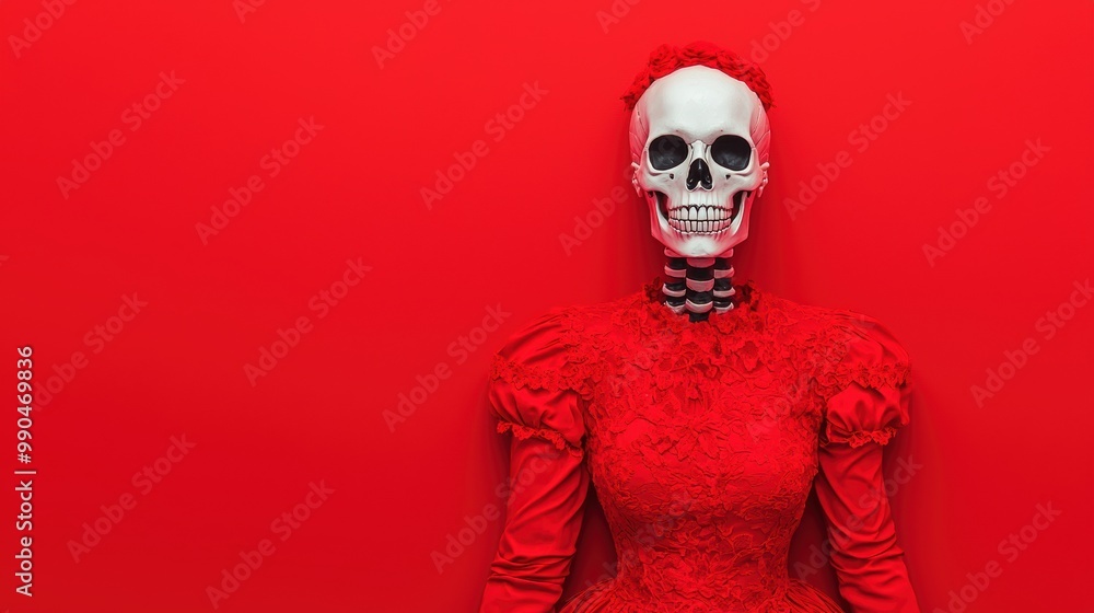 Elegant Skeleton in Red Dress against Bold Background Elegant Skeleton in Red Dress against Bold Background