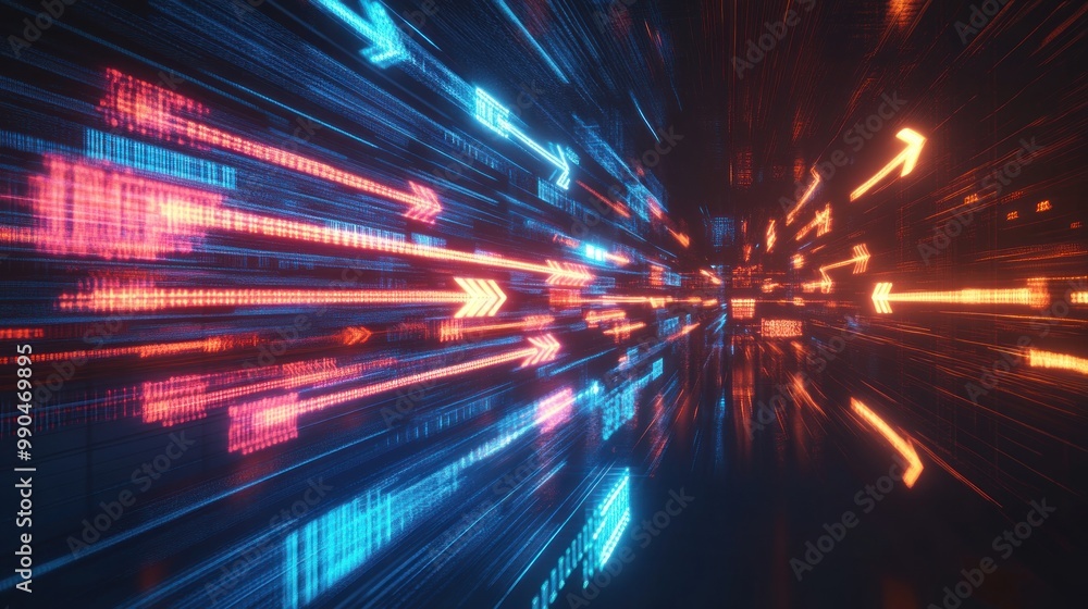 Abstract glowing digital tunnel with bright neon arrows pointing in all directions. Abstract glowing digital tunnel with bright neon arrows pointing in all directions.