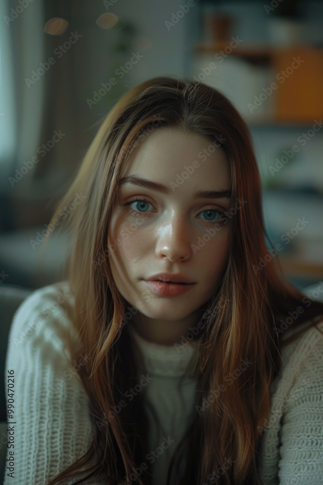 Pretty blonde woman with red lipstick and blue eyes looking down Pretty blonde woman with red lipstick and blue eyes looking down