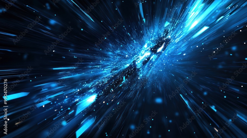 Fototapeta premium Abstract blue light streaks radiating from a central point with small, sparkling particles.