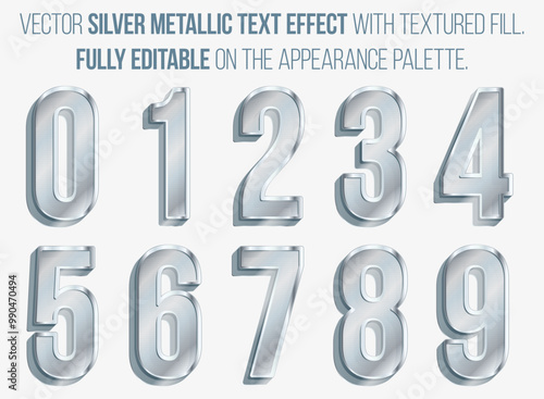 Set of fully editable 3D silver metal shiny numbers with gray textured filling