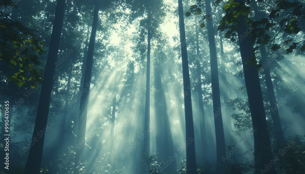 Obraz premium Tall, misty trees with sunlight streaming through the branches, creating a magical and mysterious forest atmosphere