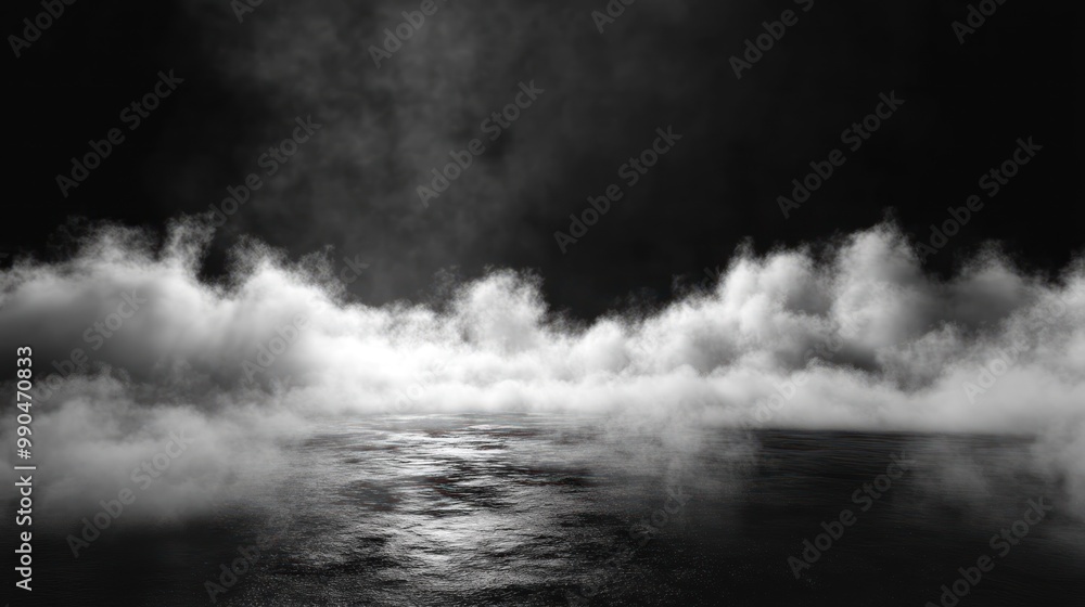 Dramatic dark foggy landscape with a glimmering water reflection. Dramatic dark foggy landscape with a glimmering water reflection.
