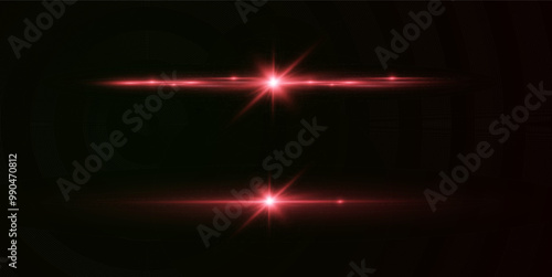 Light red effect reflections, neon illumination in red colors. Bright light lens. Police light effects, lines. Shiny stars, glowing sparks on a black background. Vector red light effect