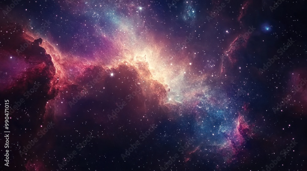 Naklejka premium A stunning galaxy scene with clusters of stars and luminous nebulae stretching across the vastness of space, creating a beautiful and immersive background.