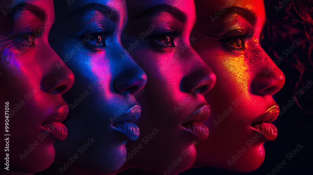 Side profiles of women reflecting different colors of light, emphasizing their features and celebrating diversity. Side profiles of women reflecting different colors of light, emphasizing their features and celebrating diversity.