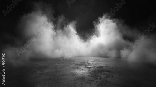 Dramatic low-lying white smoke above a dark, rough, textured surface.