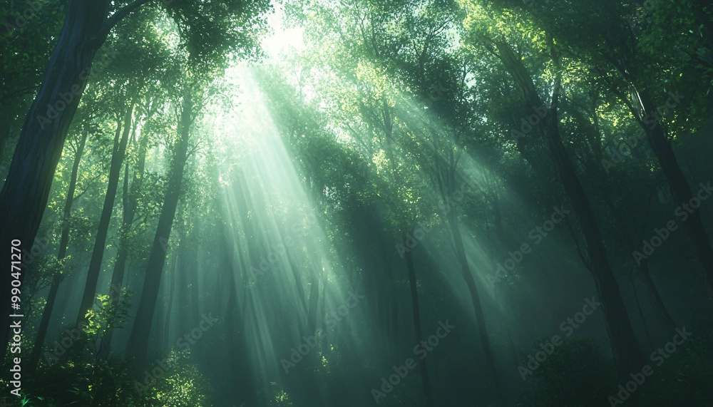 Obraz premium Tall, misty trees with sunlight streaming through the branches, creating a magical and mysterious forest atmosphere