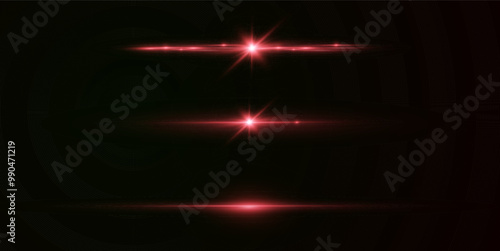 Light red effect reflections, neon illumination in red colors. Bright light lens. Police light effects, lines. Shiny stars, glowing sparks on a black background. Vector red light effect