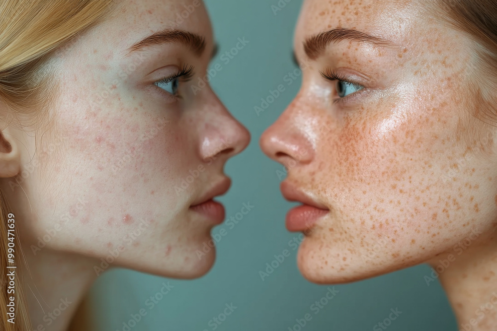 Obraz premium Two women with different skin tones and one has a scar on her face