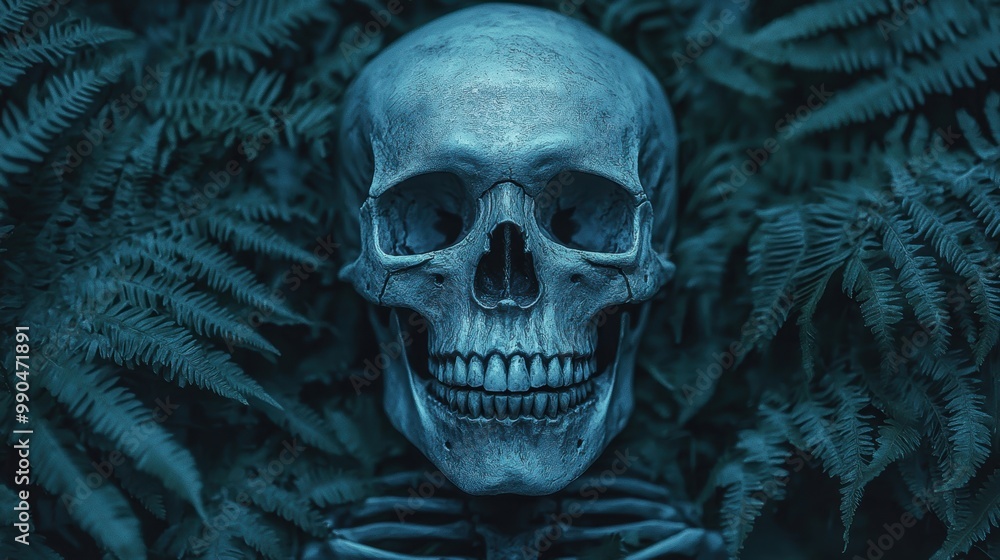 Human Skull Surrounded by Lush Green Ferns Human Skull Surrounded by Lush Green Ferns