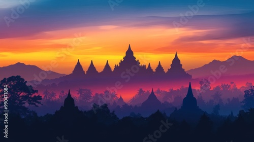 Silhouette of temples against a colorful sunset sky.