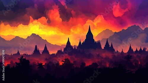 Silhouetted temples and mountains at sunset with a painterly style.