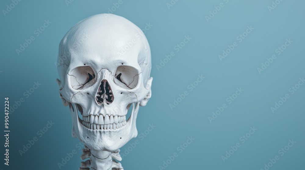 Realistic Human Skull Model Against Blue Background Realistic Human Skull Model Against Blue Background