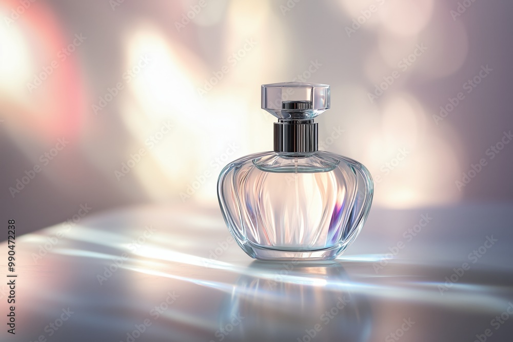 a glass perfume bottle on a transparent surface, with a light shadow. Use the blur effect on the background to create depth a glass perfume bottle on a transparent surface, with a light shadow. Use the blur effect on the background to create depth