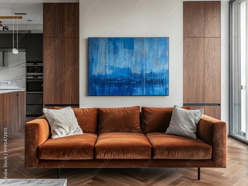 Fototapeta premium A modern cozy living space with a rusty brown sofa, blue abstract art on the wall, wooden cabinets, and parquet flooring for a naturally elegant feel