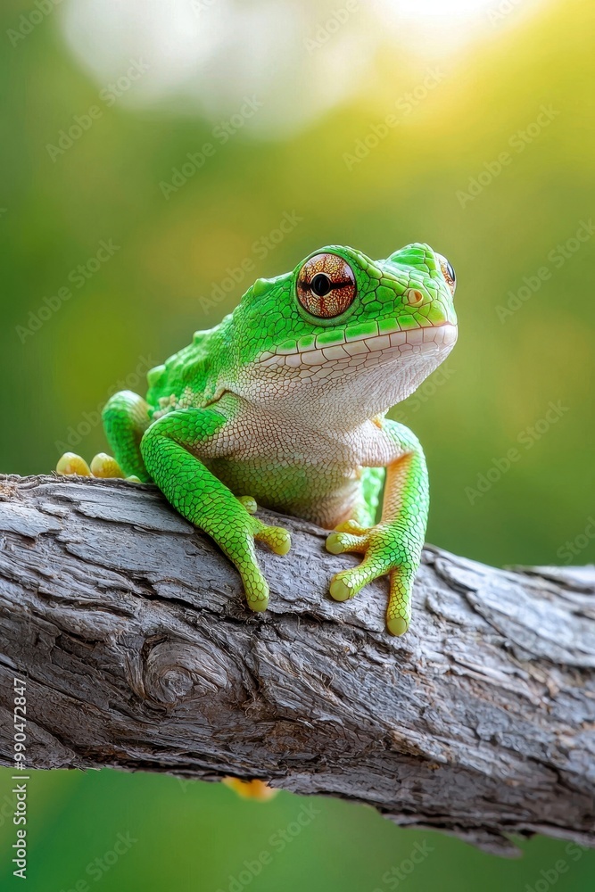 A vibrant green frog perched on a branch, showcasing its unique colors against a blurred natural background. Wildlife at its finest. A vibrant green frog perched on a branch, showcasing its unique colors against a blurred natural background. Wildlife at its finest.