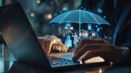 Person using a laptop with a digital umbrella icon protecting a house and a woman, representing cybersecurity and online security.