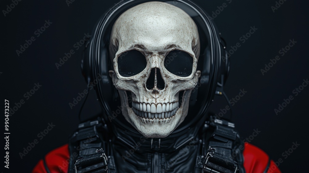 Futuristic Skull in Headphones Against Dark Background Futuristic Skull in Headphones Against Dark Background