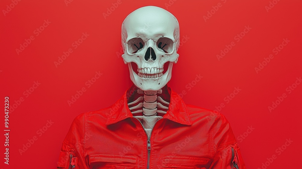 Realistic Skeleton on Bright Red Background Realistic Skeleton on Bright Red Background
