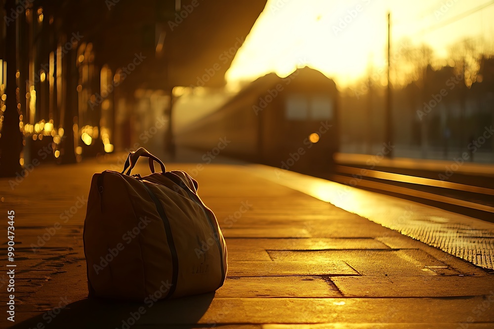Obraz premium A traveler’s duffel bag placed on the platform of train station