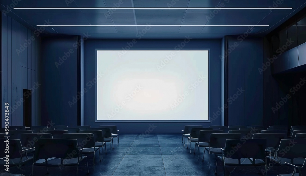 Dimly Lit Meeting Room with Blank Projector Screen and Blue Walls Dimly Lit Meeting Room with Blank Projector Screen and Blue Walls