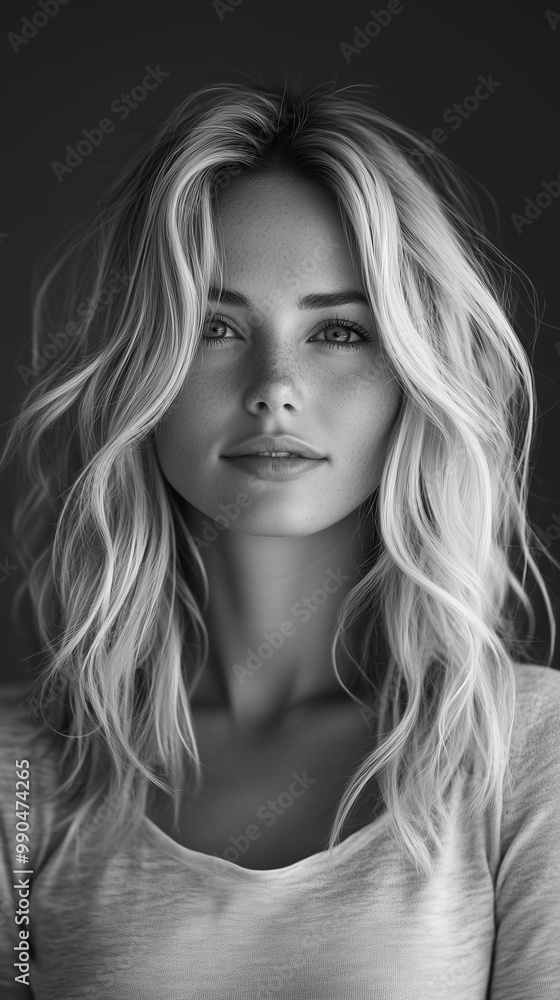 This dramatic black-and-white portrait of a woman with long blonde hair evokes a sense of sophistication and contemporary fashion. This dramatic black-and-white portrait of a woman with long blonde hair evokes a sense of sophistication and contemporary fashion.