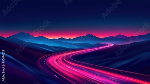 Abstract mountain road with pink and purple light trails under a starry night sky.