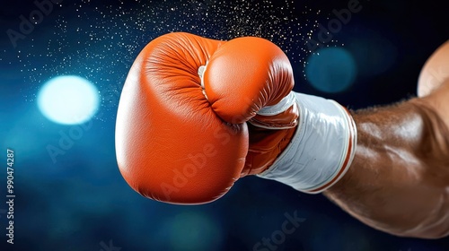 Close-up of a powerful punch with an orange boxing glove, highlighting athleticism and strength in a dynamic sports setting. photo