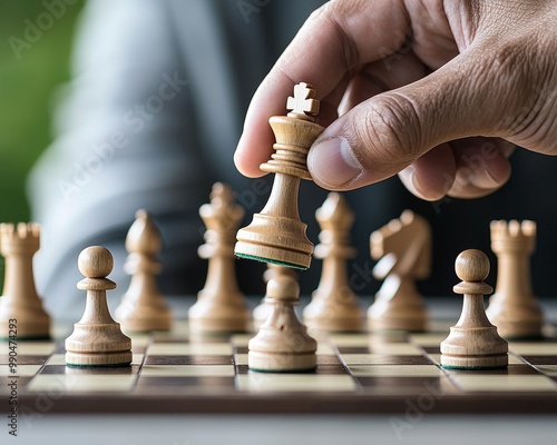 A hand moves a white chess king piece on a wooden chessboard. The focus is on the hand and the king piece, creating a visual metaphor for strategy and leadership.