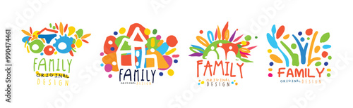 Family Colorful Label Original Design with Bright Element Vector Set