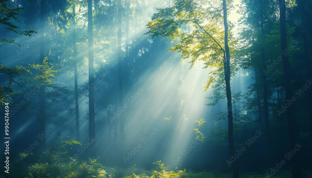 Tall, misty trees with sunlight streaming through the branches, creating a magical and mysterious forest atmosphere Tall, misty trees with sunlight streaming through the branches, creating a magical and mysterious forest atmosphere