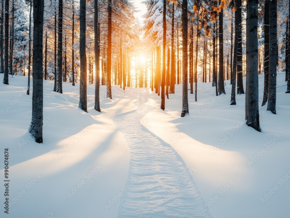 A path winds through a snowy forest, sunlight streaming through the trees. A path winds through a snowy forest, sunlight streaming through the trees.