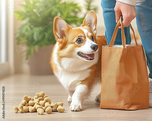 Corgi dog excitedly waiting for treats beside a person carrying a bag. photo