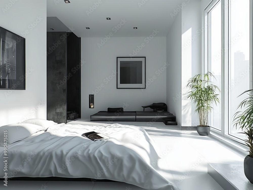 Fototapeta premium A modern, minimalist apartment with a bright white bedroom and a dark cozy living room, open layout allowing sunlight to beautifully illuminate the space