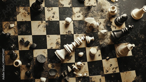 A chessboard with chess pieces scattered around, with the white king knocked over.