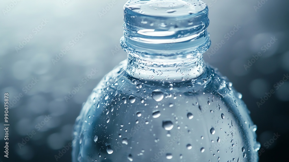 Close-up of a water bottle with condensation droplets. Close-up of a water bottle with condensation droplets.