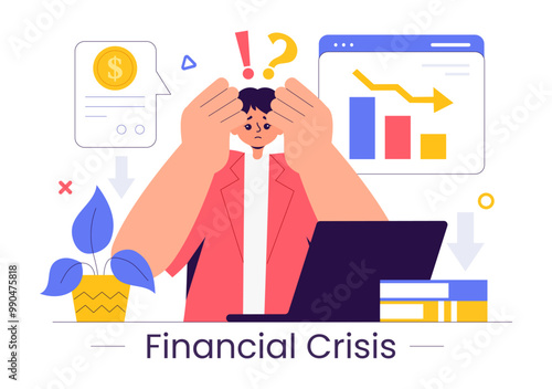 Financial Crisis Vector Illustration of Bankruptcy, Economic Collapse, and Cost Reduction with a Down Arrow in a Flat Style Cartoon Background