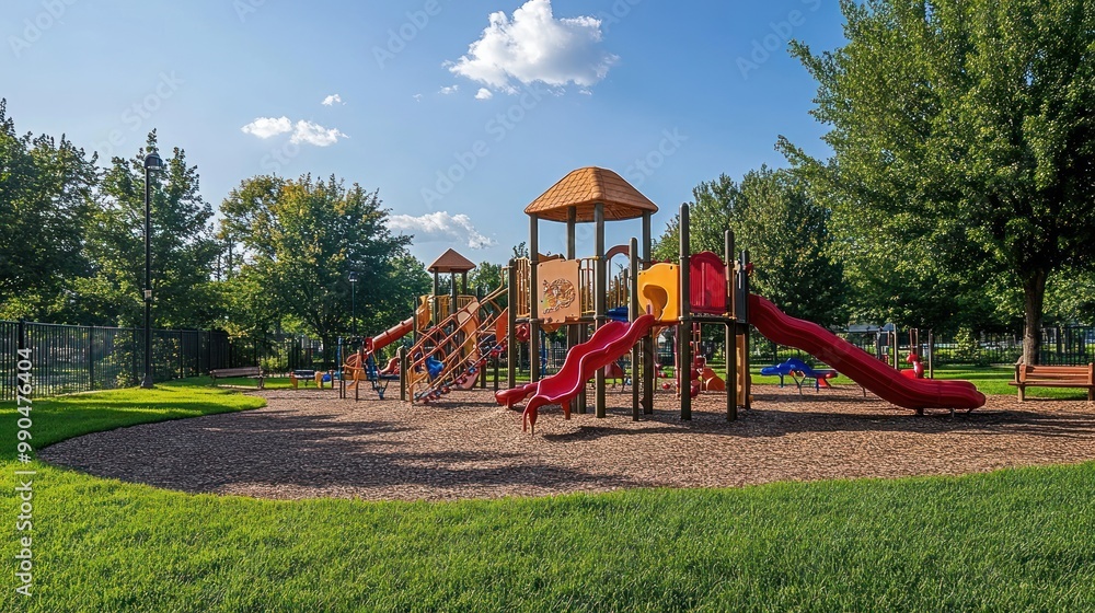 Colorful playground equipment in a grassy park with a blue sky and white clouds. Colorful playground equipment in a grassy park with a blue sky and white clouds.