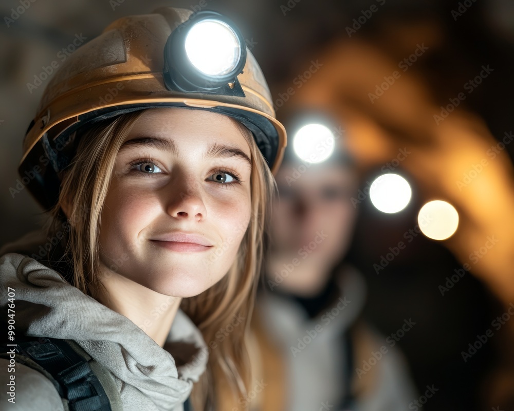 A young woman with a headlamp smiles confidently in a dark underground setting. The focus is on her, with a blurred figure behind her. A young woman with a headlamp smiles confidently in a dark underground setting. The focus is on her, with a blurred figure behind her.