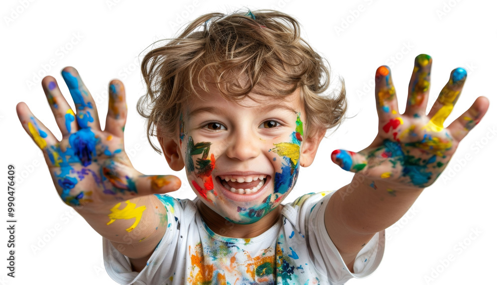 A young child is holding up his hands and smiling A young child is holding up his hands and smiling
