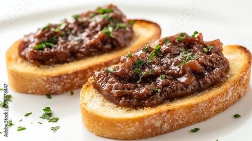 Toasted bread topped with a rich liver spread, set against a clean white backdrop.