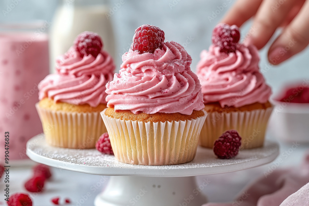 Delicious Raspberry Cupcakes with Pink Frosting on White Plate Delicious Raspberry Cupcakes with Pink Frosting on White Plate