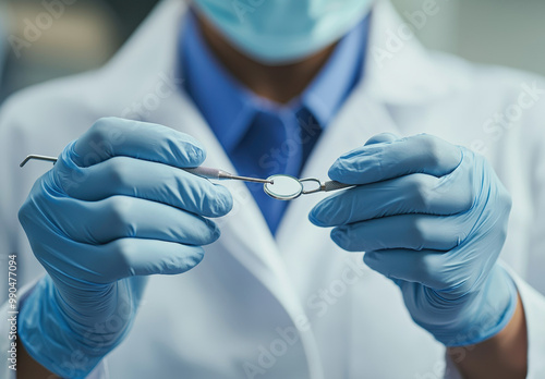 Close-up of Dentist Holding Dental Tools in Blue Gloves