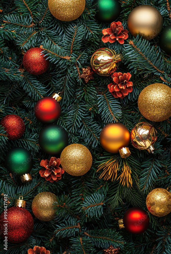 Festive Christmas Ornaments on Green Pine Tree Branches Festive Christmas Ornaments on Green Pine Tree Branches